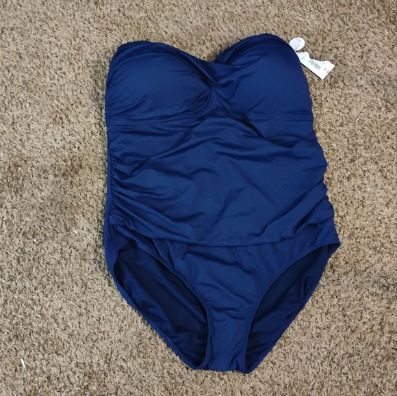 Liz Claiborne Swimsuit 22W NWT Navy Blue Criss-Cross Bust, strapless #13 - Picture 1 of 4